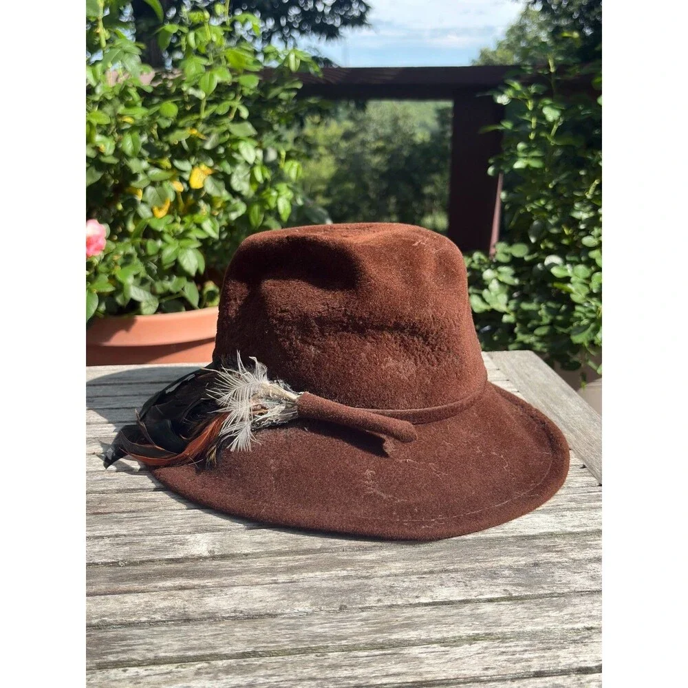 70s Vintage Brown Wool Felt Fedora with Feather *Damaged, Project Hat, Costume*